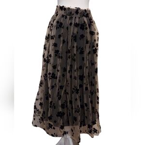 Cato Black Midi A-line Skirt with Pleated High-low Floral Overlay